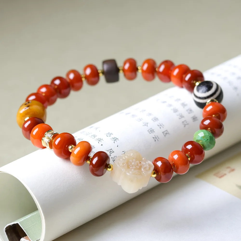 Original apple beads nanhong agate bracelet cultural toys bones a dull plate eye dzi Chinese style bracelet  women