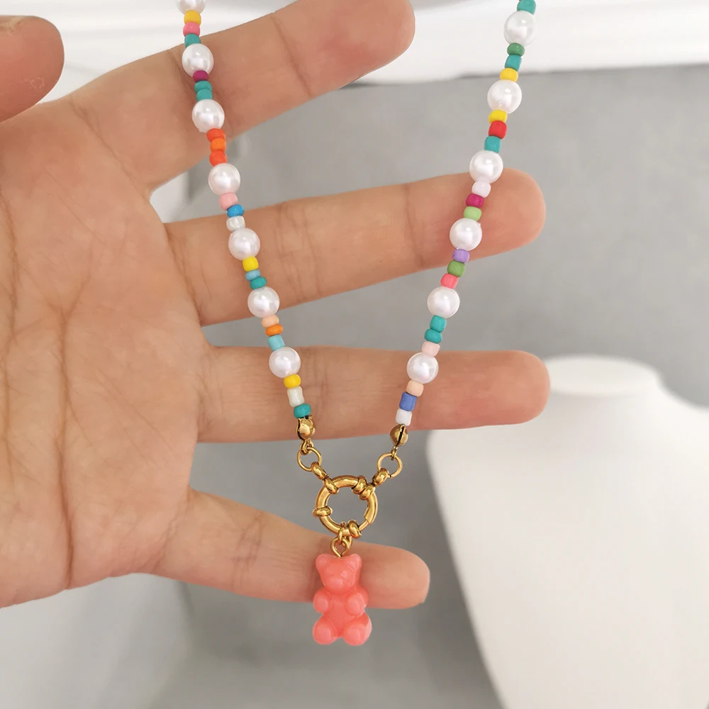 Damen-Halskette Boho Candy Bear Charm Perlen Regenbogen-Choker Imitationsperlen Edelstahl Federverschluss DIY Großhandel Perlen – Detail 6