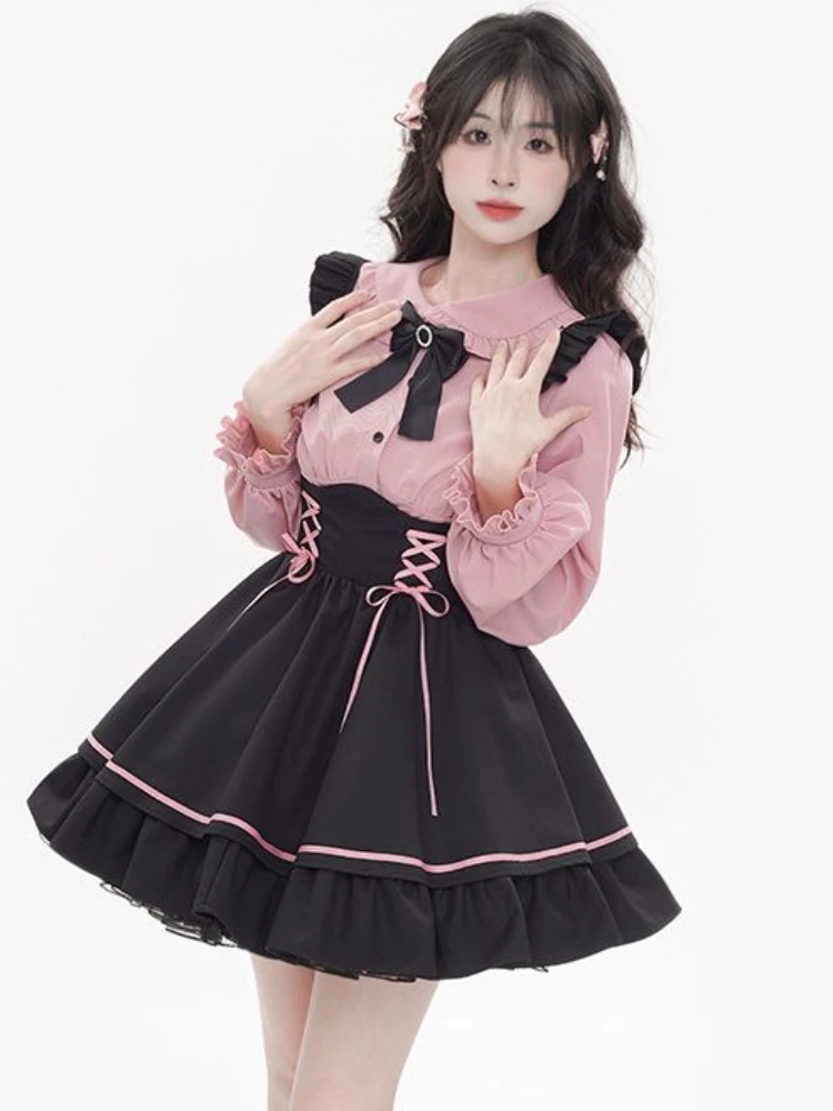 Japanese Kawaii Puff Sleeve Crop Top Bow Blouse Women Peter Pan Collar Shirts Lolita Casual Fairy Sweet Cute Y2k Pink Blusas