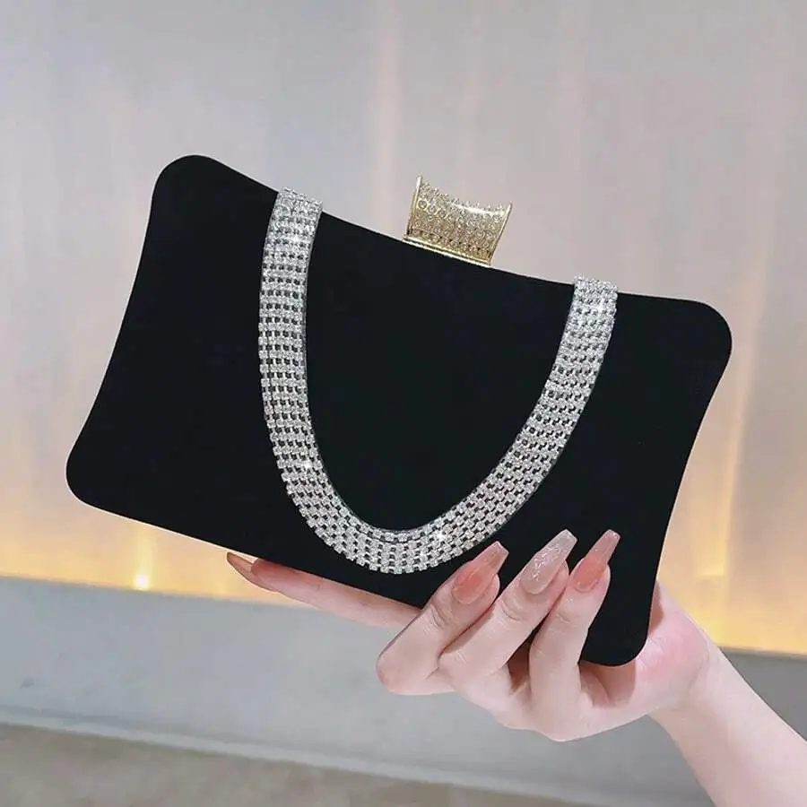 

Womens Velvet Clutch Bag With Rhinestone Chain Evening Banquet Handheld Purse