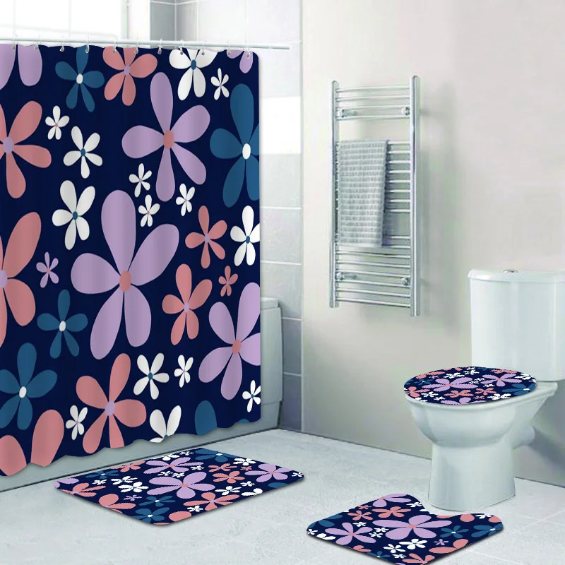 Vintage Retro Spring Daisy Flowers Lavender Floral Bathroom Shower Curtain Set for Toilet Decor Blossom Bathtub Rugs Accessories