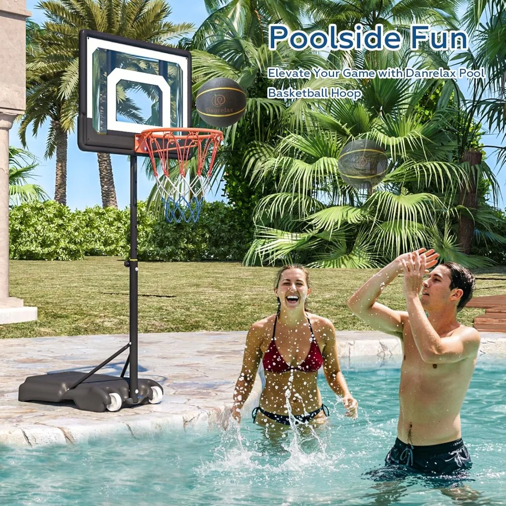 cesta de basquete de altura ajustável para piscinas, 3,9 a 6,9 pés, estrutura pe preta, base de água, bomba de ar e bola de borracha de 8 polegadas incluída