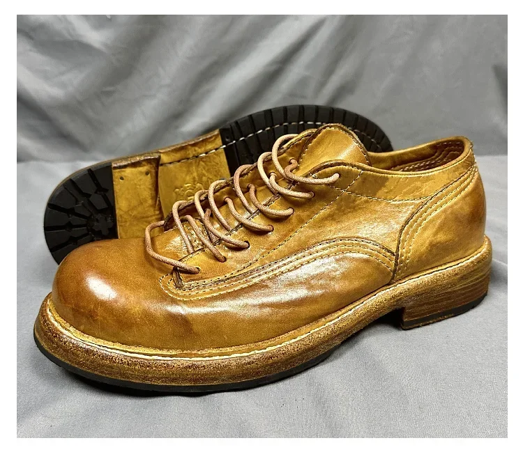 

Мужская обувь из конской кожи, повседневная обувь на толстой подошве в стиле ретро с коротким лицом, рабочая одежда, кожаная обувь ручной работы для мужчин