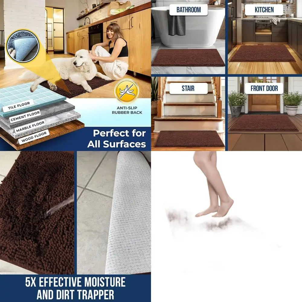 

Brown 59x24 Quick-Dry Chenille Microfiber Bath Mat - Non-Slip, Thick, Soft, Absorbent for Bathroom and Shower