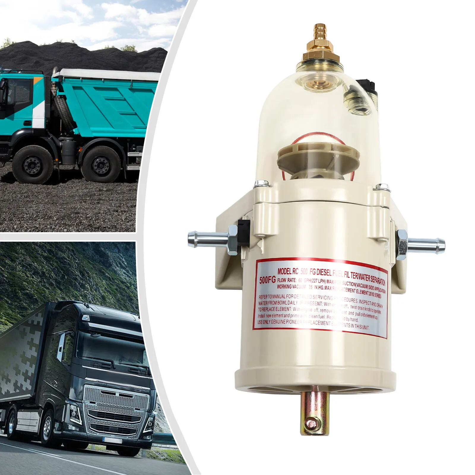 500FG 500FH Diesel-Kraftstoff-Wasserabscheider-Baugruppe, 60 GPH 227L/H Marine- und LKW-Kraftstofffiltersystem mit transparentem Behälter