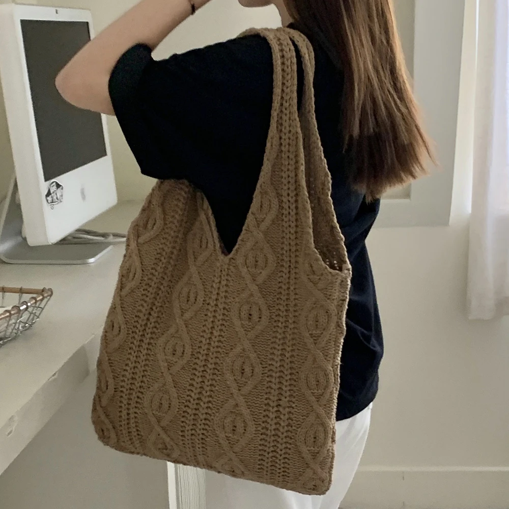 Przechowywanie w domu Dzianinowe torby na zakupy na ramię dla kobiet Vintage Girls Tote Shopper Bag Duża torebka damska Wszechstronna torba na