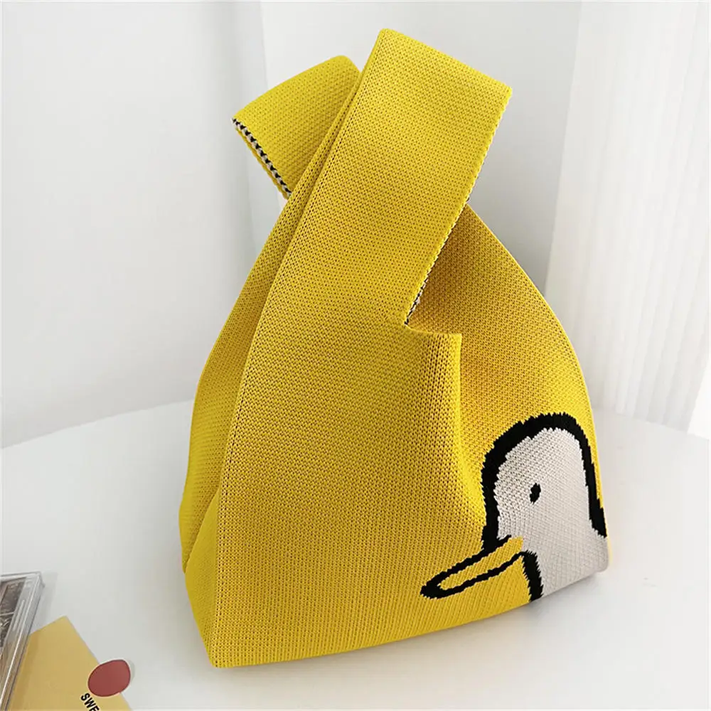 Ins Cute Cartoon Handmade Knit Handbag Colorful Women Mini Knot Wrist Bag Japanese Style Casual Tote Bag Reusable Shopping Bag