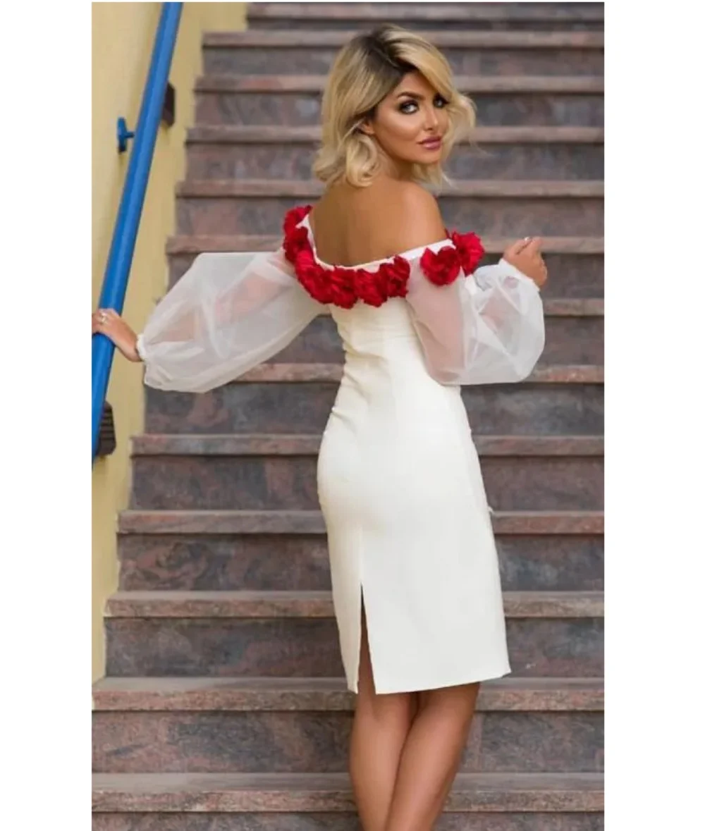 

White Special Design Elegant Formal dress Off Shoulder Puff Sleeve Knee-Length Wedding Party dress Stereo Flower Reception dress