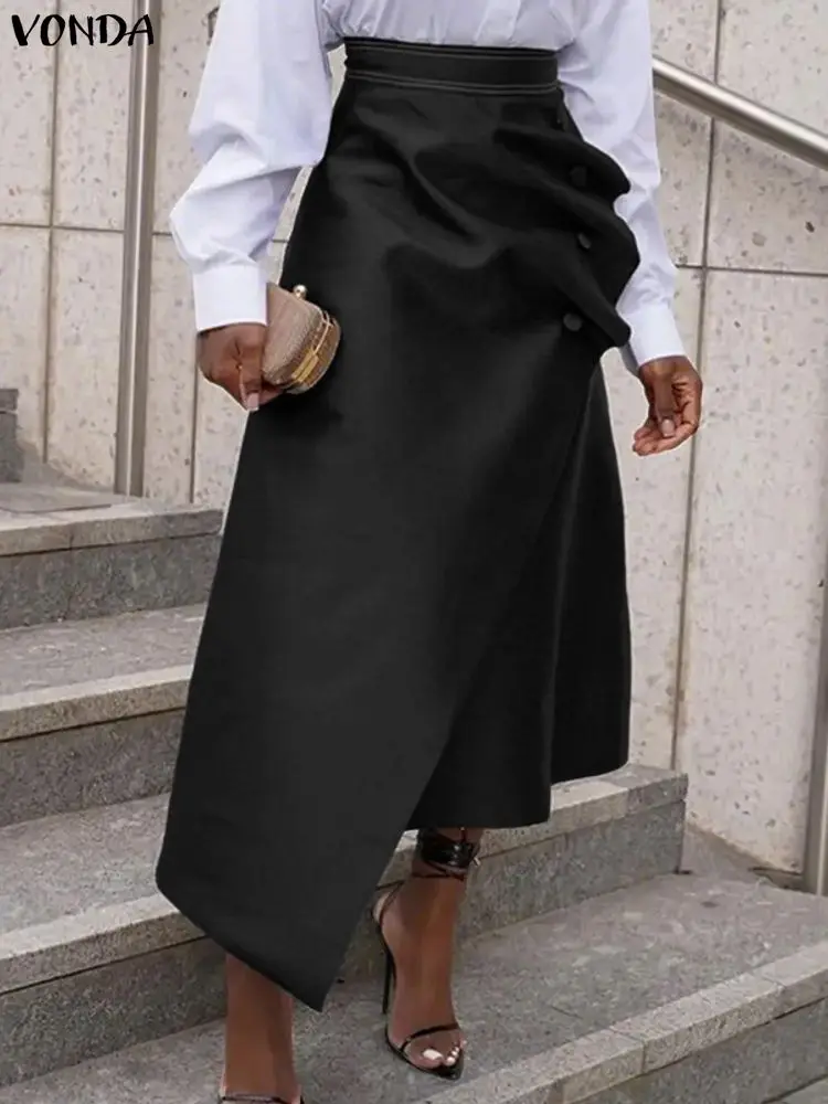 Faldas de satén de talla grande VONDA elegantes para mujer, Faldas plisadas asimétricas con botones de cintura alta, Faldas largas lisas a la moda Saia 5XL