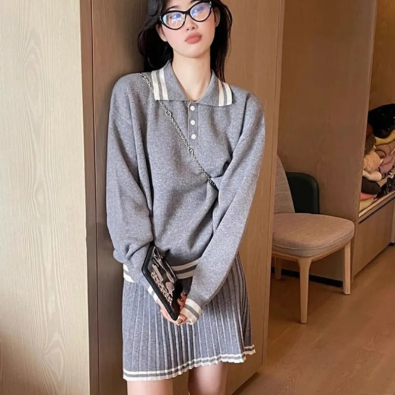 Spring Autumn Sets for Women Turn-down Collar Tops Fashion Korean New Mini Skirts Preppy Style All-match Simple Striped Chic