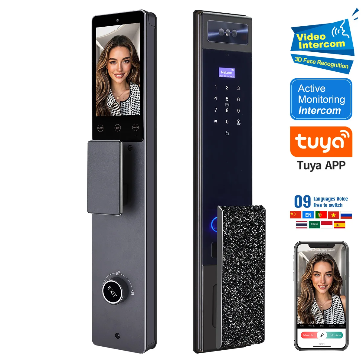 

3D биометрический Face ID умный замок с точной гравировкой с ЧПУ, функция видеовызовов Tuya Wi-Fi, дверной замок с дистанционным управлением