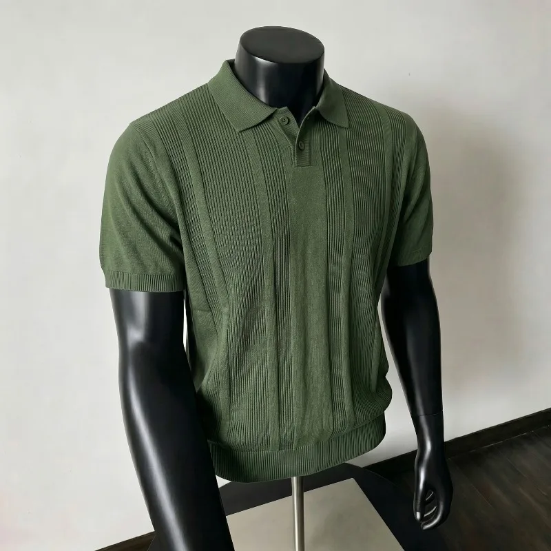 Sommer Gestreiftes Jacquard-Strick-Polohemd Herren Britischer Stil Revers Lässiges Business-T-Shirt Vielseitiges Büro- und Gesellschafts-T-Shirt 2026
