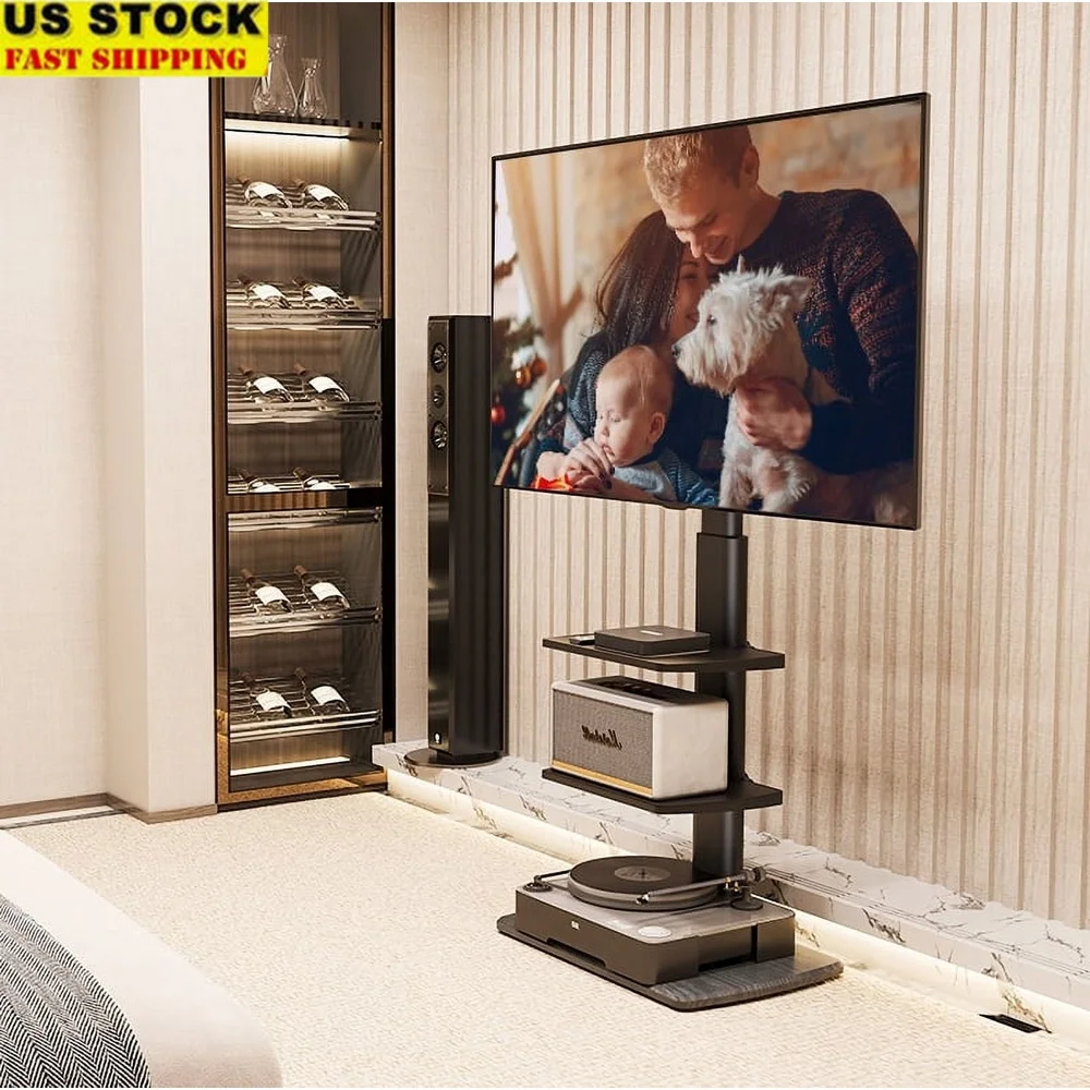

Swivel TV Stand Adjustable Shelves Universal Freestanding Mount 32-70 Inch Flat Curved TVs Easy Installation Space Saving Design