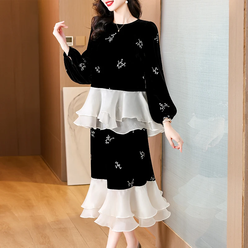 2024 Women Korean Elegant Luxury Two Piece Sets Autumn Winter Black Velvet Patchwork Mesh Top Coat+Half Length Skirt Kawaii Suit