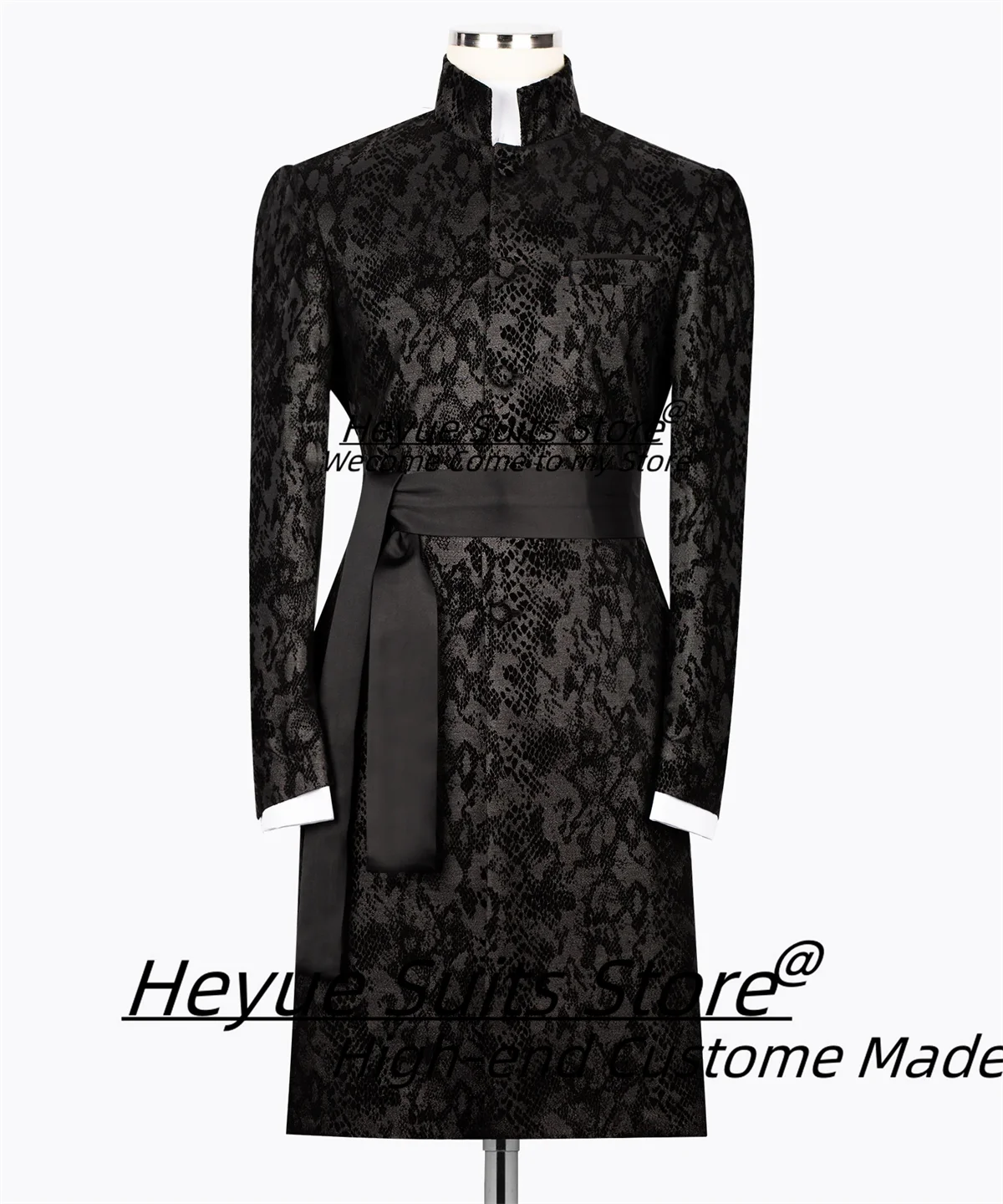 

Роскошные черные жаккардовые длинные мужские костюмы по индивидуальному заказу, приталенный воротник-стойка, свадебные смокинги для жениха, комплекты из 2 предметов, trajes para hombre