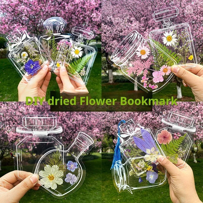 2026-60pcs Transparent Dried Flower Bookmarks Set | Large Size Bottle Shaped Bookmark with Tassels, Tweezer Hole Punch, Handmade