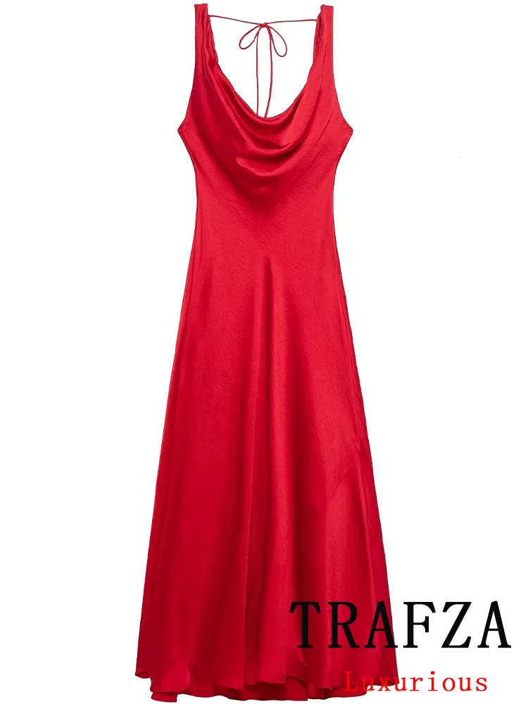 TRAFZA Sexy Chic rouge solide femmes robe de soirée sans manches plage longue robe nouvelle mode