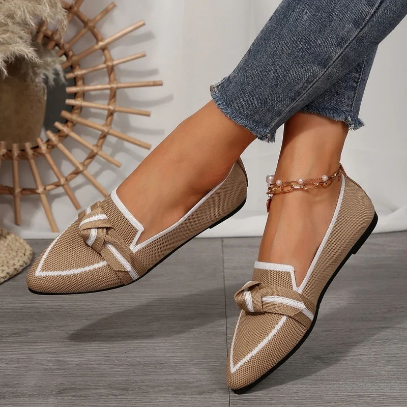 Mocassins leves e confortáveis femininos, gravata borboleta, sapatilhas de balé, bico fino, macio, descalço, malha multicolorida, casual, bailarina