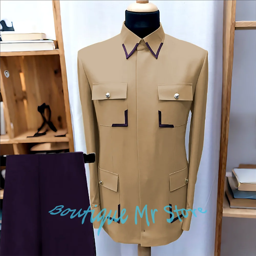 

Khaki Contrast Trim Pocket Men's Suits Slim Fit Jacket+Purple Pants 2 Piece Set Formal Business Male Clothing Party Outfit
