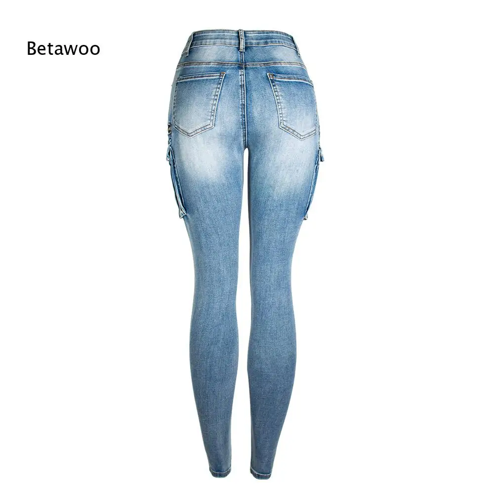 Women's High Waist Skinny Jeans with Side Cargo Pockets, Stretch Denim Slim Fit Trousers for Casual Daily Wear and Street