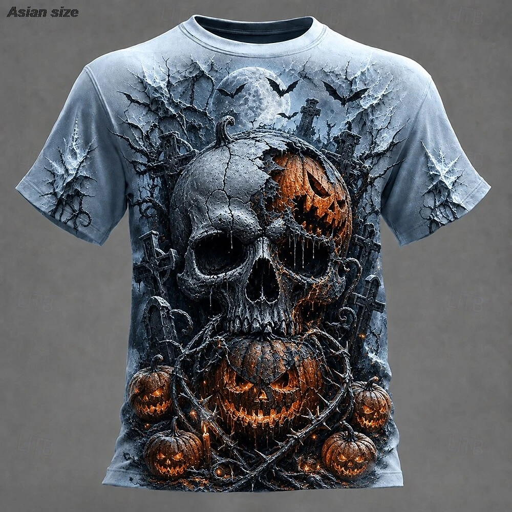 Halloween Men's Optical Illusion Moon Cool Skulls T Shirt Short Sleeve T shirt 3D Print Crew Neck Shirt