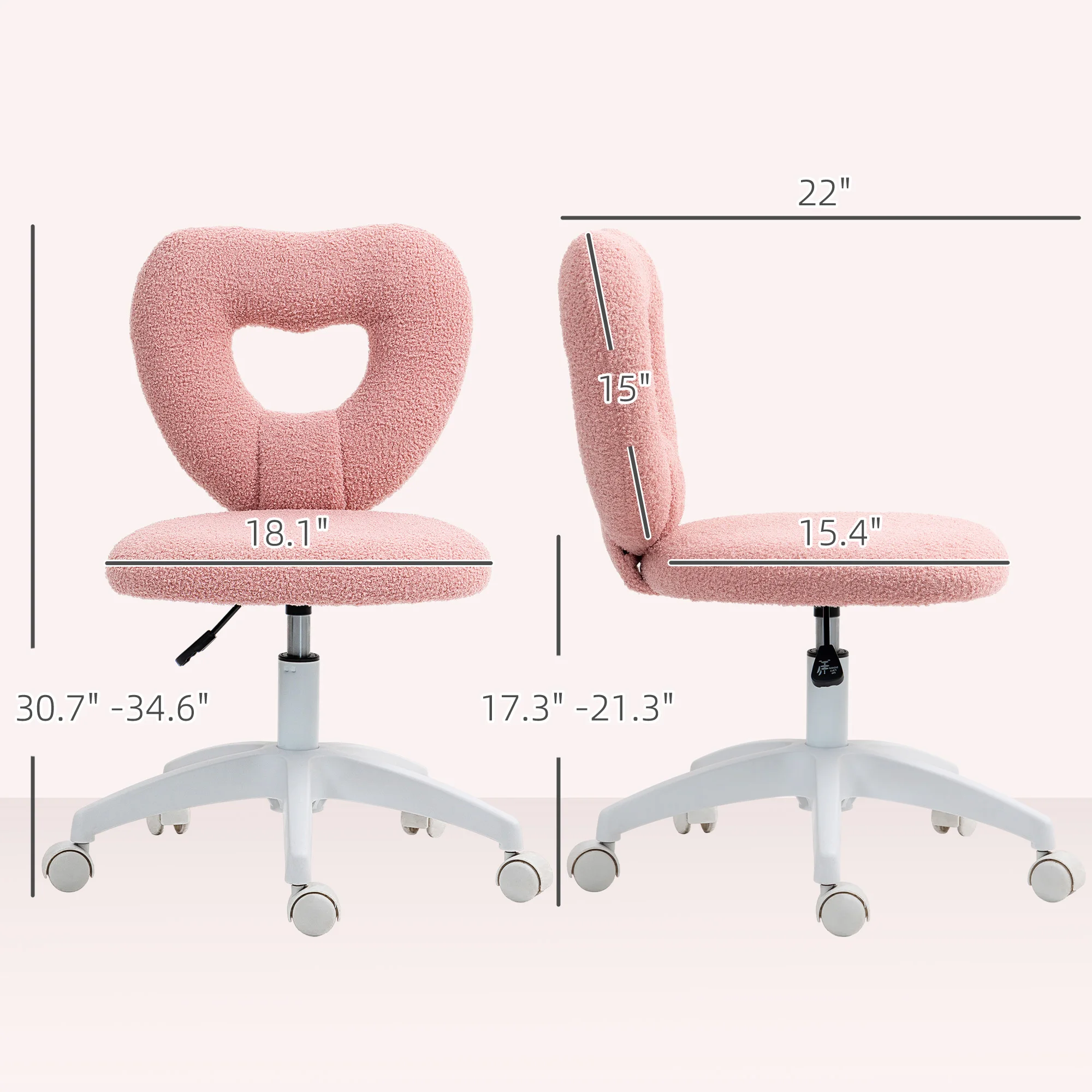 Armless 电脑桌椅, Office Task Chair, Teddy Fleece Heart Makeup Vanity Chair with Swivel Wheels, Pink