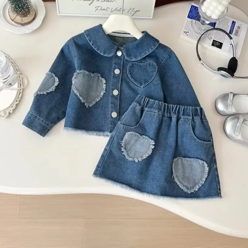 Girls Fashion Denim Skirt Suit 2-7 Y 2024 Autumn Heart Peter Pan Collar Coat and Skirt New 2Pcs Children's Cute Outfit