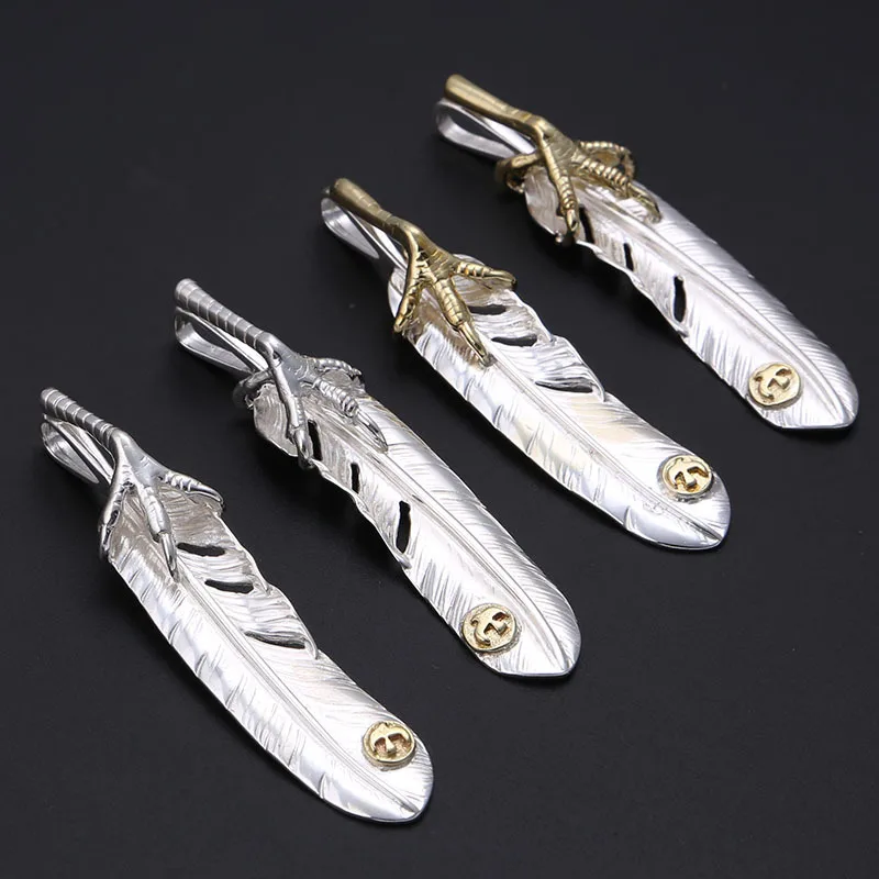 

Indian Bright Silver Pure Silver Gold Eagle Claw Feather Pendant White Silver Feather Pendant Necklace Men's and Women's Hang Ta