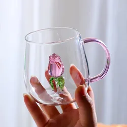 3D Rose  In Glass Cup Mug with Pink Handle High Borosilicate Heat-resistant Glass Cup Milk Coffee Glasses