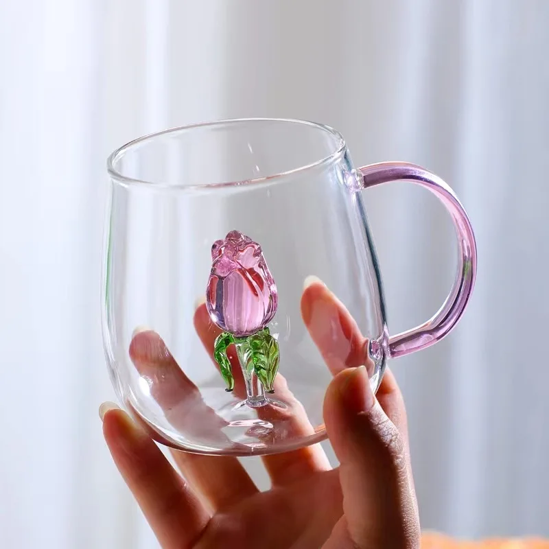 3D Rose  In Glass Cup Mug with Pink Handle High Borosilicate Heat-resistant Glass Cup Milk Coffee Glasses