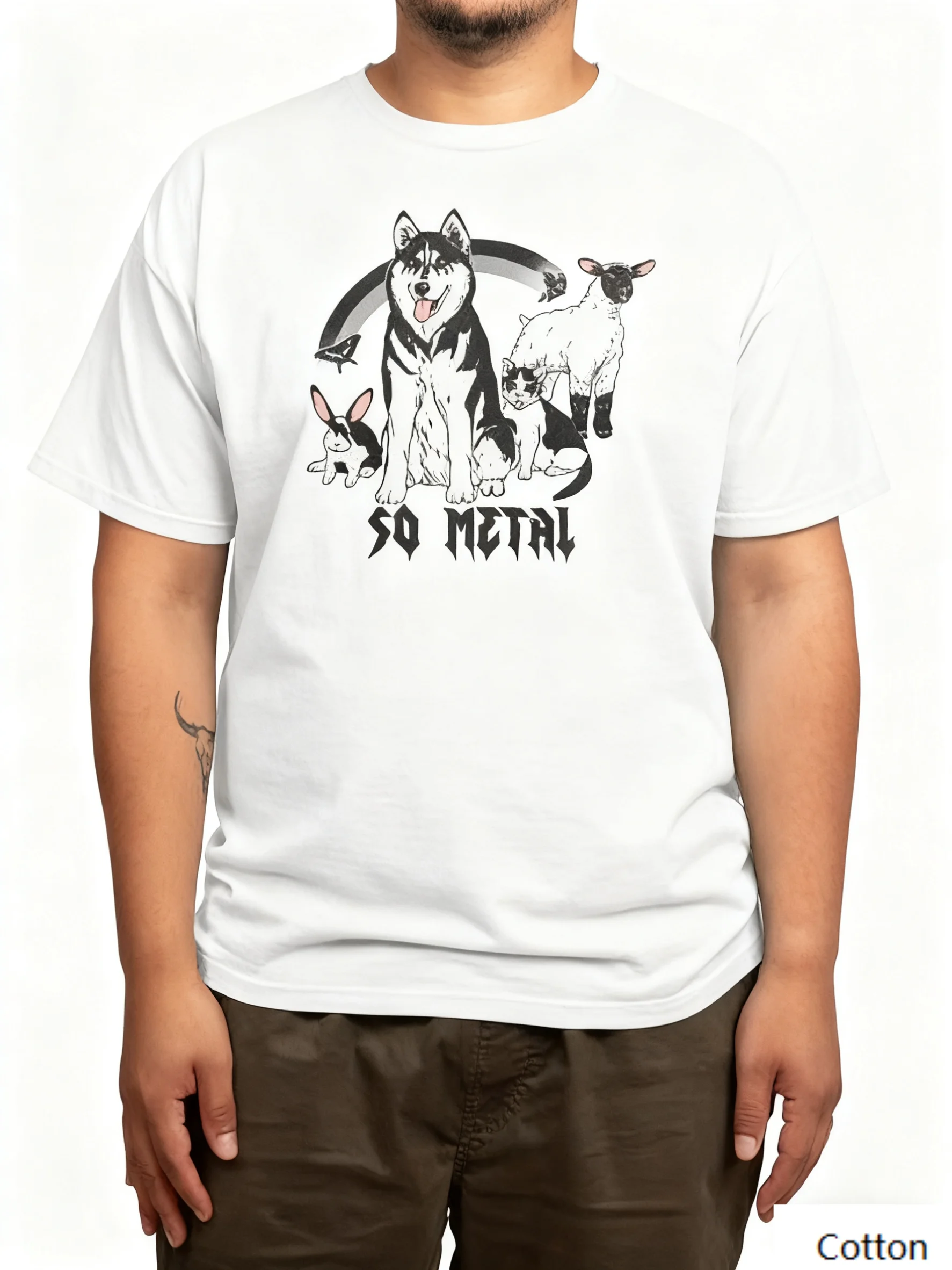 

Playful Metal “Cute Pets So Metal Vibe” Cotton Crew Neck T Shirt with An Eye - Catching Print of Cute Animals, “SO METAL” Text
