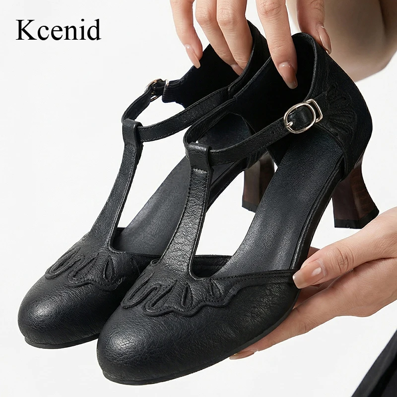 

Женские летние модные туфли Kcenid, разноцветные, с необычным каблуком, круглым носком, Т-образным ремешком, в стиле Мэри Джейн, повседневная обувь, большие размеры 34-50