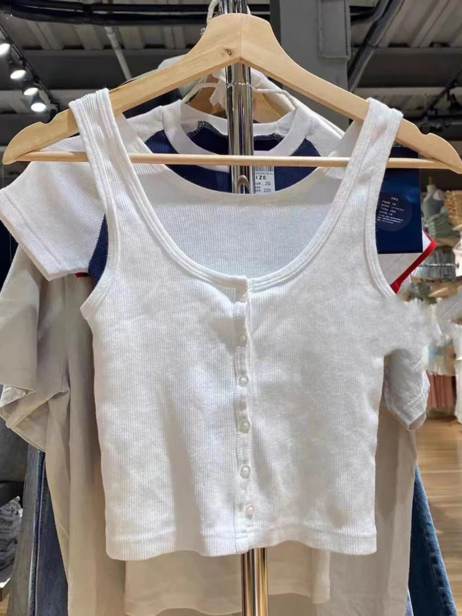 

Simple Basic White Buttons Sleeveless Vests Women Summer Cotton Knitted Slim Casual Tank Tops Vintage Sweet Chic Cute Camis Y2K