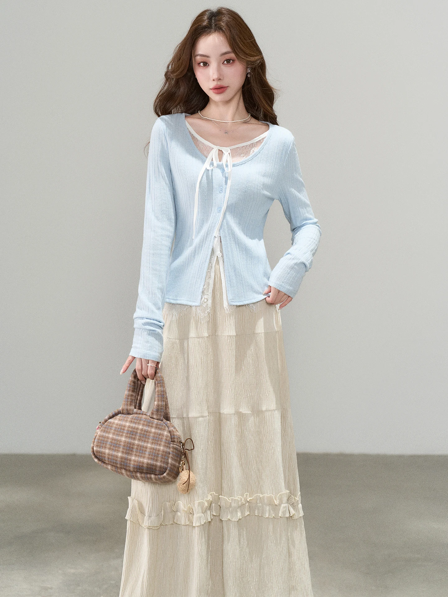 

Korean Style Gentle Atmosphere Blue Knitted Top And Skirt Two-Piece Set Spring New Women's Fashion Casual High Waist