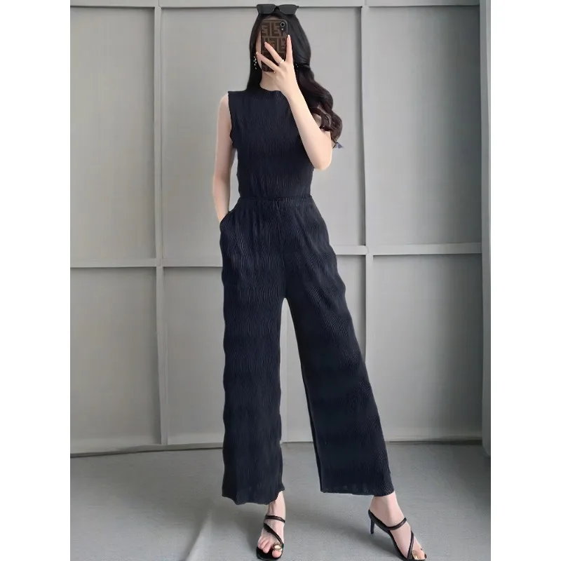 

Miyake плиссированный брючный комплект, нишевый дизайн, плиссированный комплект, женский летний комплект 2023, новый высококачественный жилет без рукавов, топ, прямые брюки