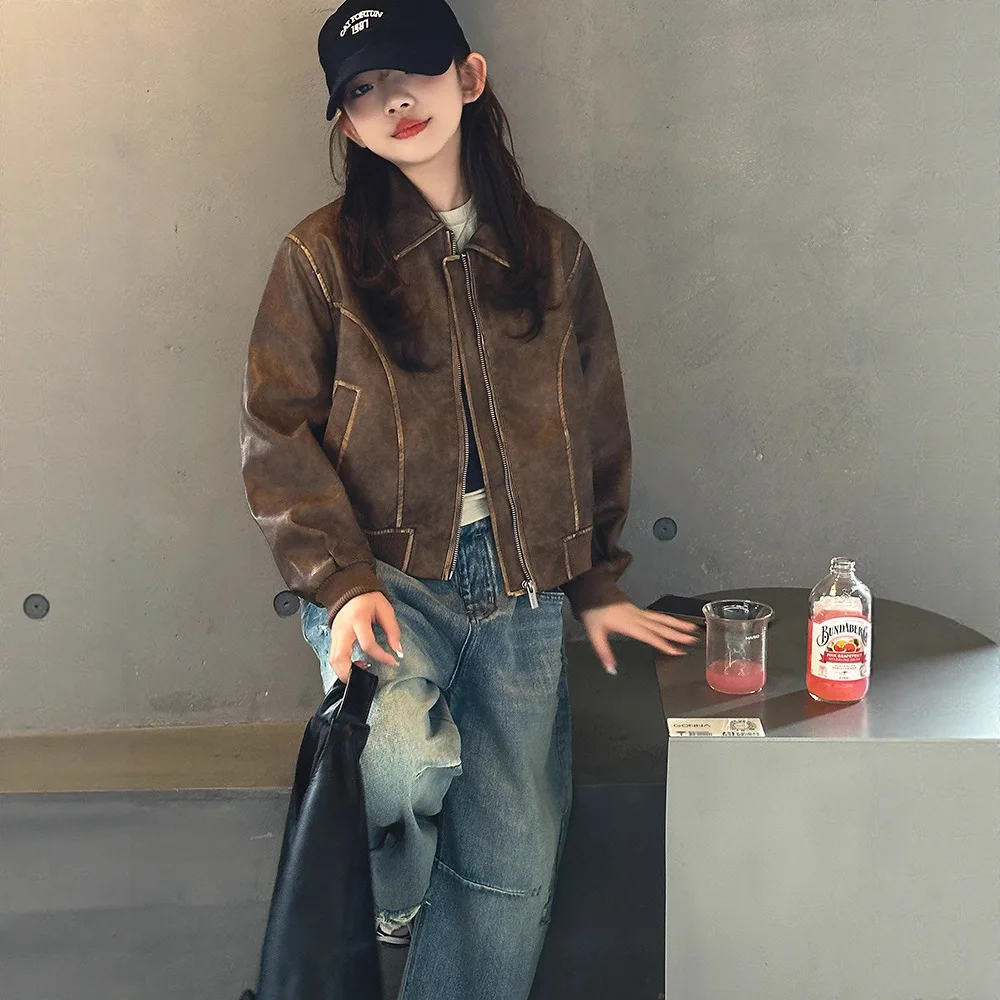 

Girls Set Spring Autumn New Leather Jacket Korean Version PU Motorcycle Leather Jacket Jacket Jeans Two-piece Set Daily Stylish