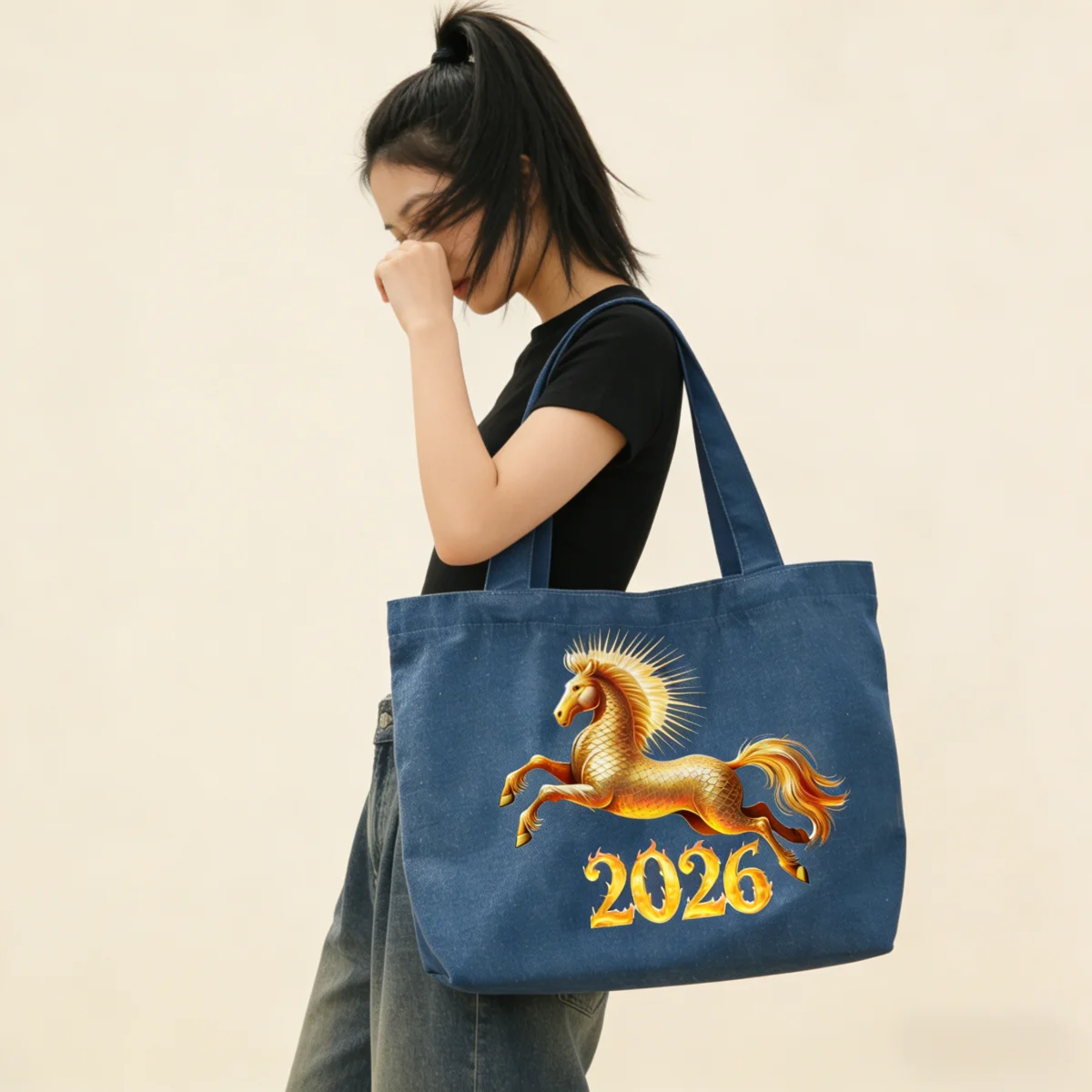 

1-компонентная джинсовая сумка с узором «Год лошади», повседневная и модная джинсовая сумка, чтобы подарить в подарок друзьям в год.