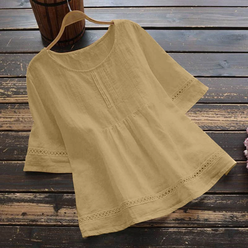 New Women's Elegant Cotton and Hemp Shirt Solid Color Casual Round Neck Hollow Half Sleeve Splicing Fashion Women's Top image 6
