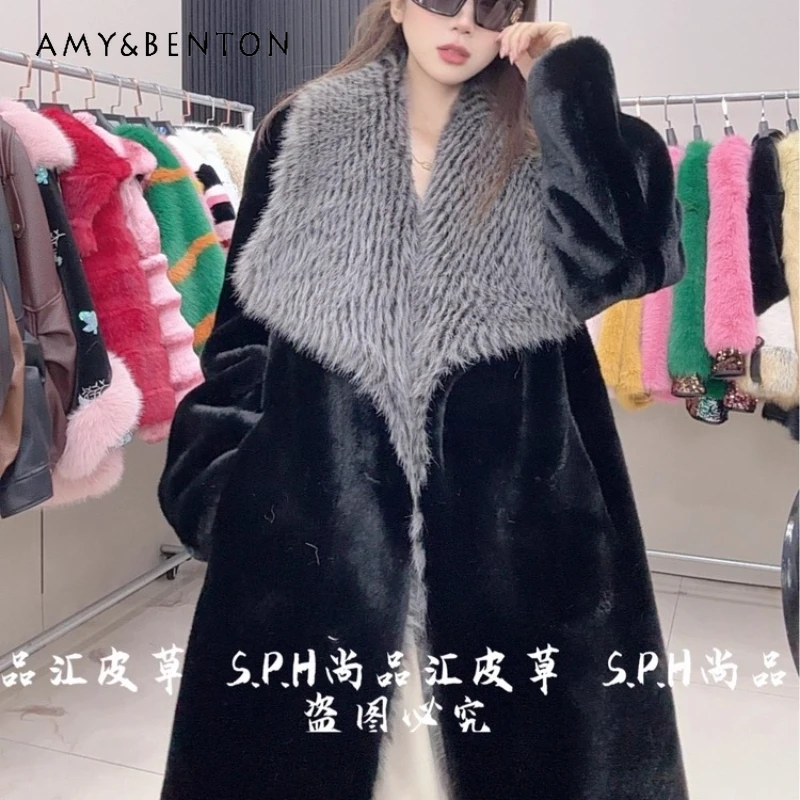 

2025 New Winter Clothes Women's Fashionable Furry Collar Thickened Faux Fur Coat Long Sleeves Warm Comfortable Jacket Outerwear