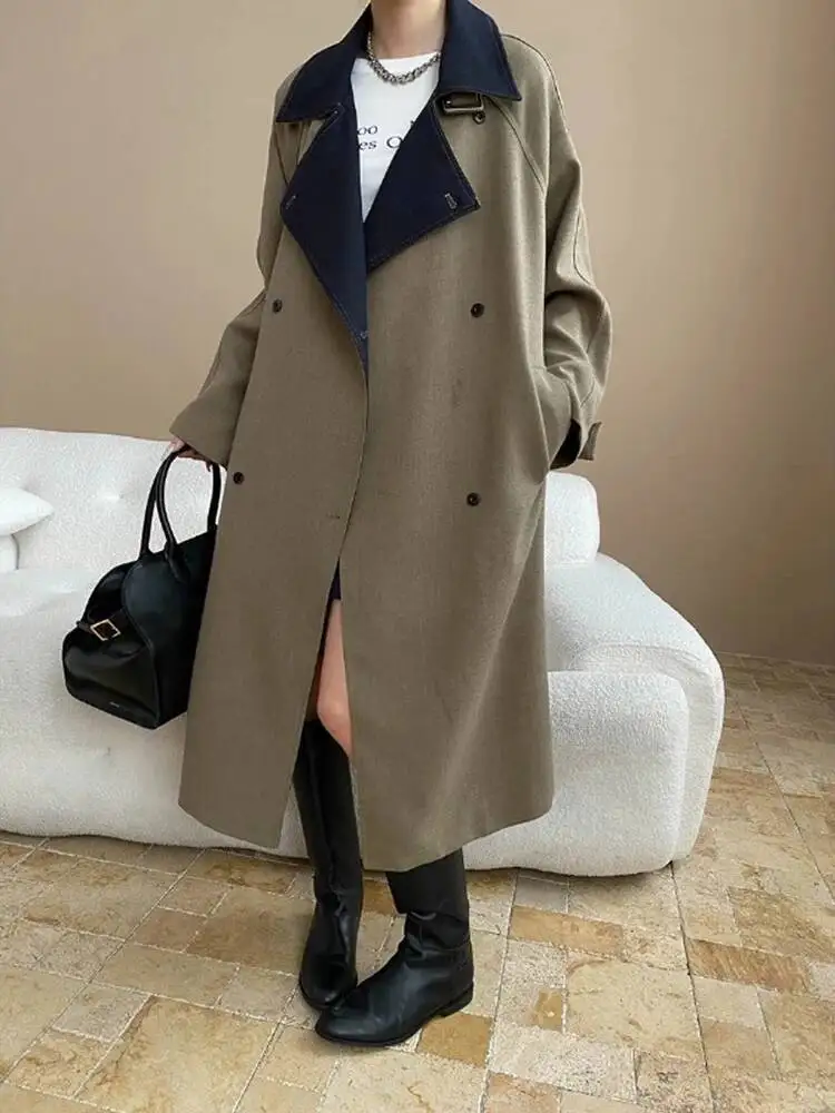 TLXT أنيقة المرأة التباين اللون خندق غير النظامية مزدوجة الصدر حزام تجمع الخصر سترة واقية موضة خريف جديد 2025 #2