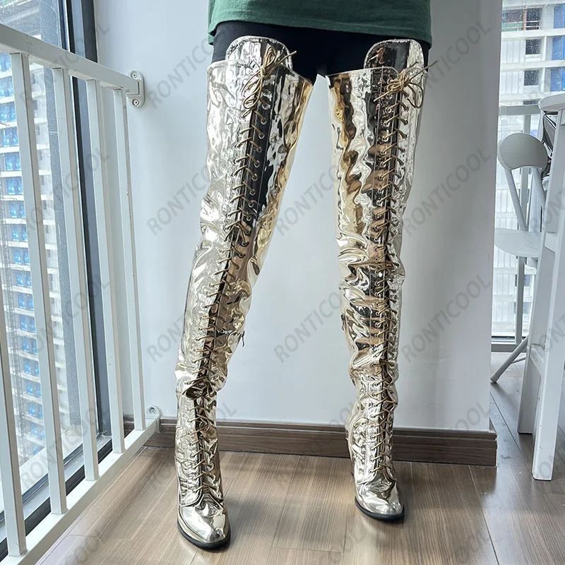 

Ronticool New Stylish Women Winter Thigh Boots Side Zipper Chunky Heels Round Toe Light Gold Night Club Shoes Us Size 5-20