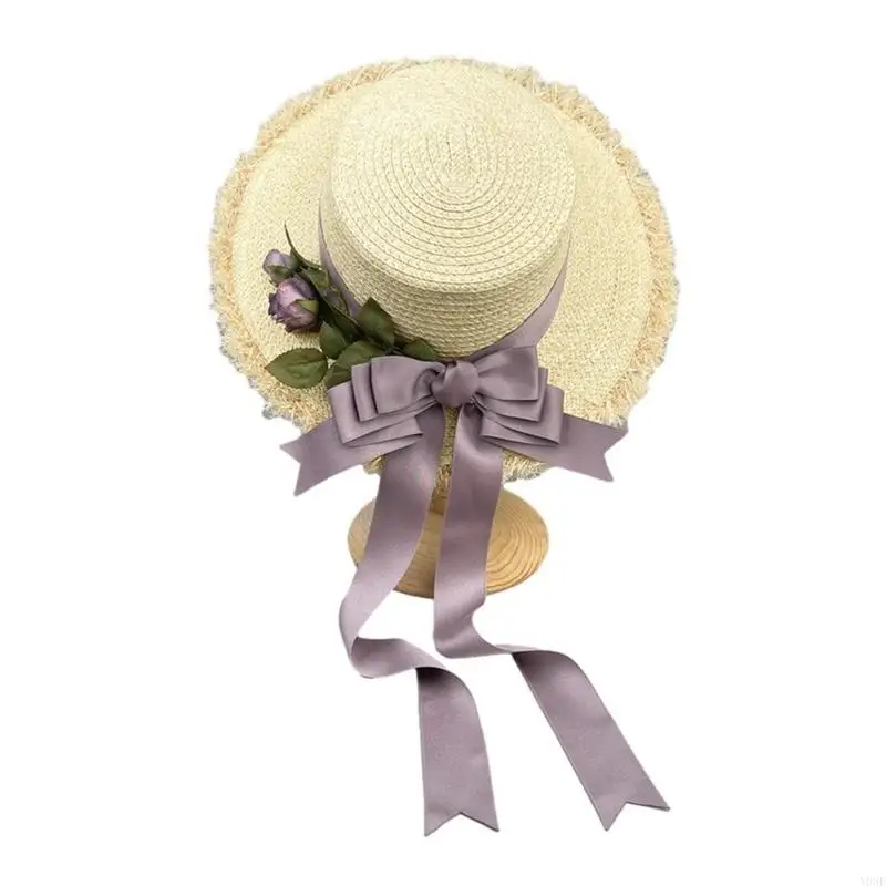

Соломенная шляпа от солнца ручной работы для женщин, женская солнцезащитная летняя пляжная кепка для девочек, винтажный головной