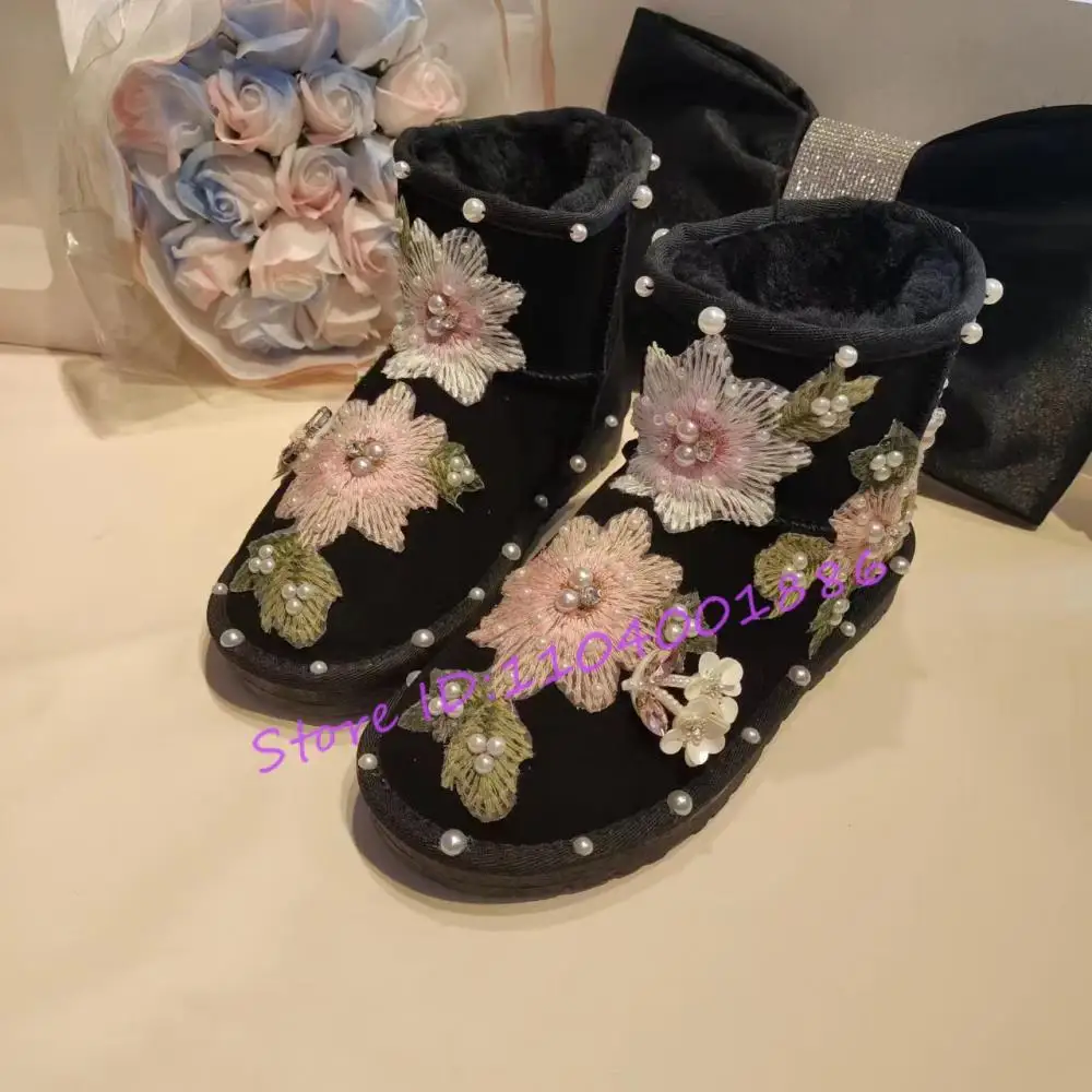 

Winter Fashion Sweet Short Boots Purple Pink Pearl Flower Embroidered Suede Plush Snow Boots Lolita Outdoor Casual Women's Shoes