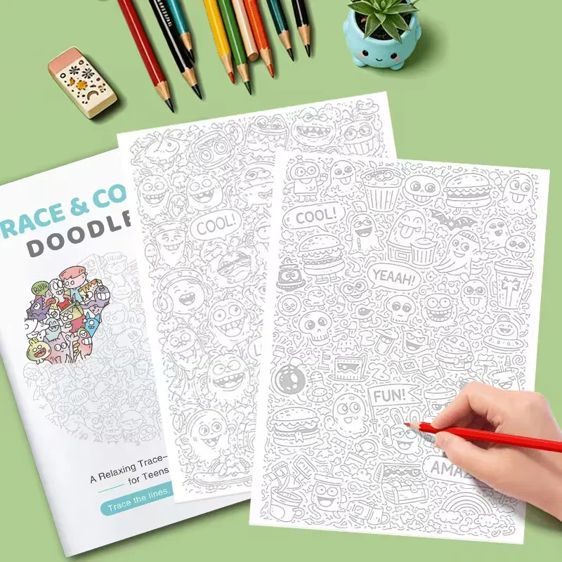Trace & Color Doodles Coloring Book 28 Pages, Relaxing Doodle Line Tracing Stress Relief Art Pages for Teens Adults image 3