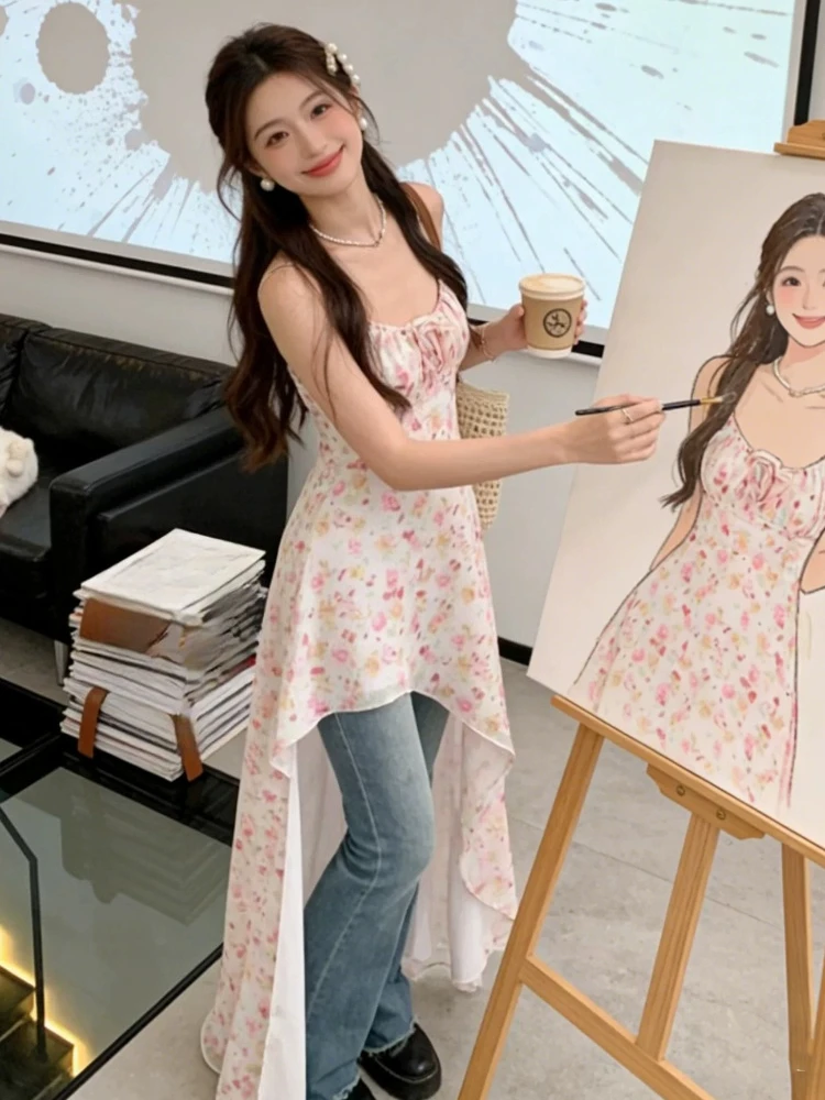 Y2k Aesthetic Irregular Vintage Printing Vestidos Harajuku Grunge A-line Woman Slip Dress ​streetwear Summer Drawstring Dresses