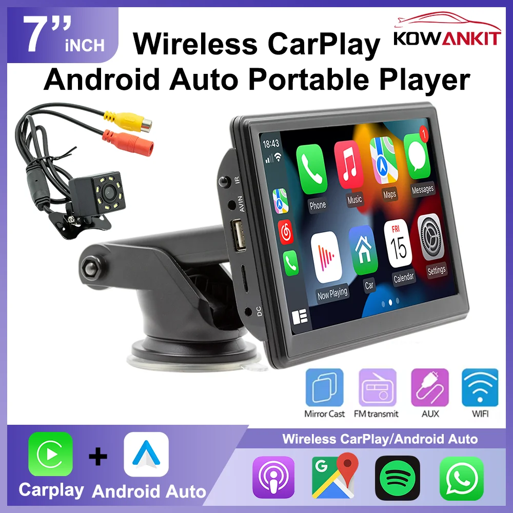 KowanKit 7 Inch Portable Wireless Carplay Screen Multimedia Video Player HD Rear Reversing Camera Car Radio Android Auto MP5