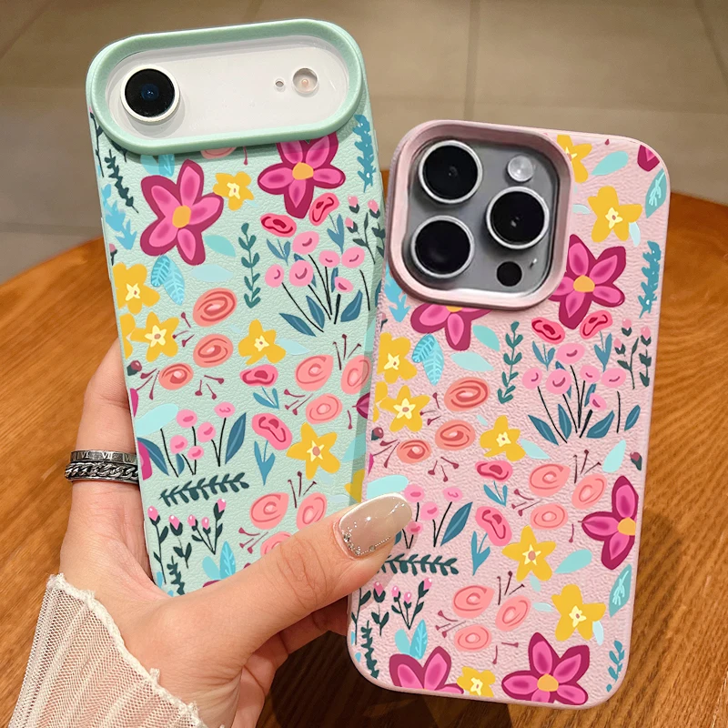 컬러풀 플라워 폰 케이스 아이폰 에어 17 16e 16 15 14 프로 맥스 13 12 17 프로 11 가죽 질감 TPU 충격 방지 소프트 커버
