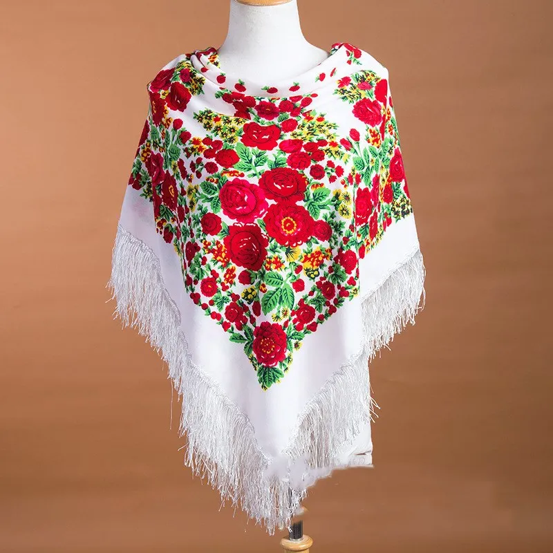 115*115cm Russian Style Women Square Scarf Luxury Floral Print Fringed Scarves Babushka Handkerchief Autumn Winter Shawl