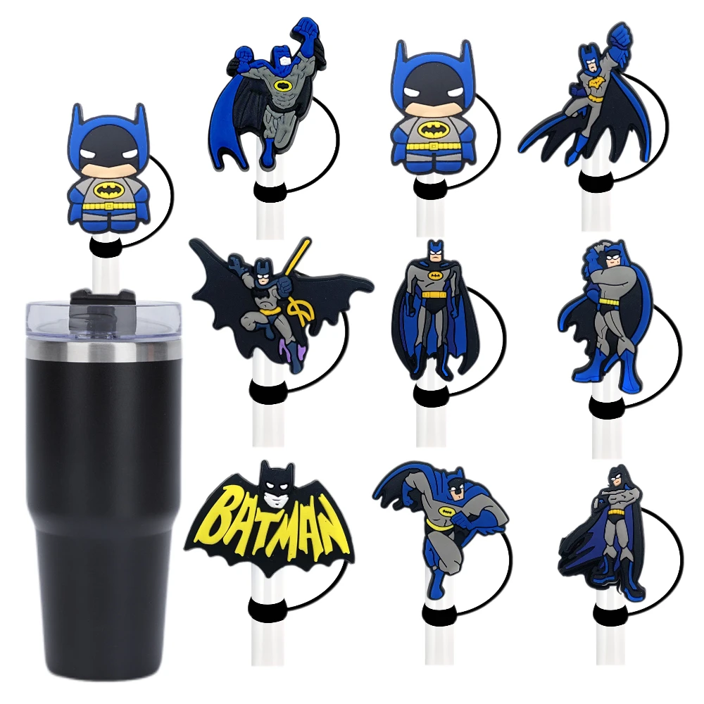 1-9 stücke neue Batman Cartoon Stroh abdeckung Kappe 10mm Glas Tasse Stroh Plug wieder verwendbare spritzwasser geschützte Passform Tasse Stroh kappe Charms Zubehör