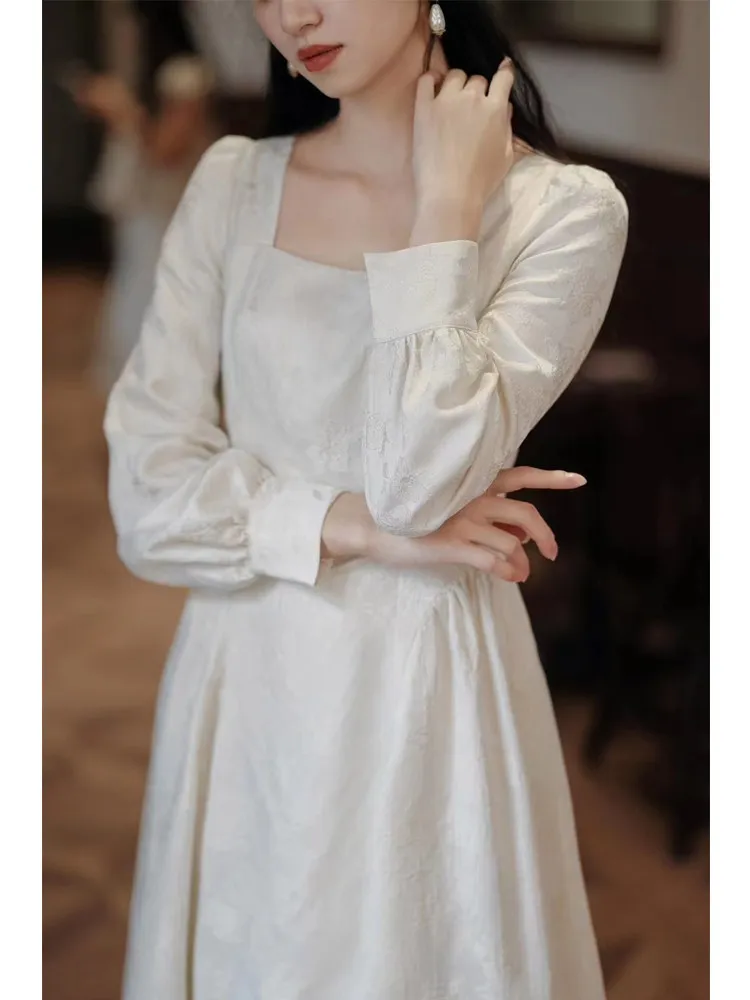 Tiyihailey primavera outono feminino jacquard vestido de manga cheia longo meados de bezerro senhoras S-L vintage cintura alta 2026 gola quadrada branco